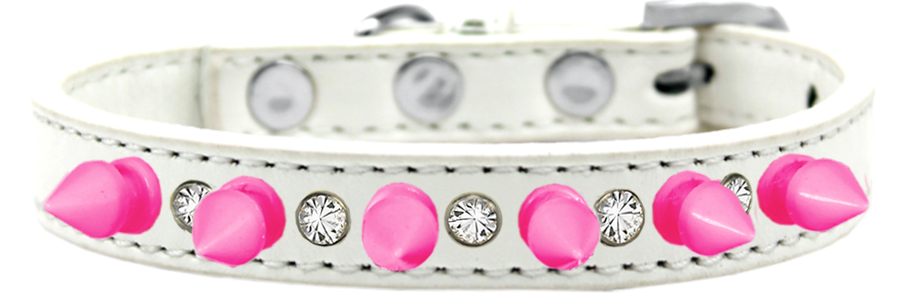 Crystal and Bright Pink Spikes Dog Collar White Size 12